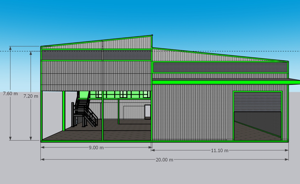 แบบก่อสร้างโกดังเก็บไม้ ออฟฟิศ และบ้านพักคนงานขนาดHW-H (23 x 18 x 7.9)