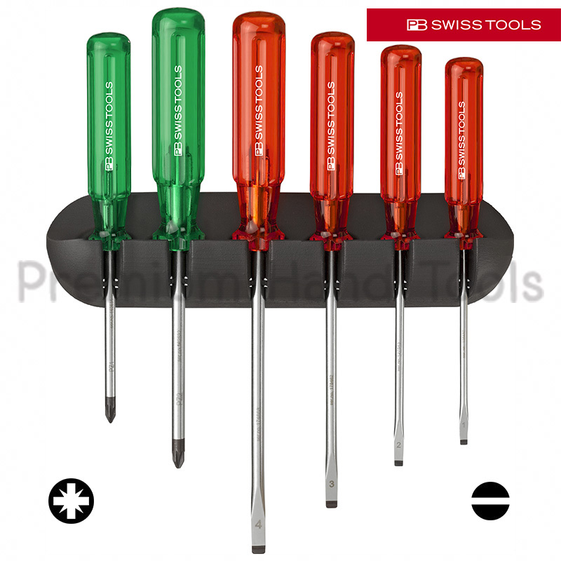 ชุดไขควง PB Swiss Tools รุ่น PB 245 ปากแบนและปาก PZ ด้าม Classic พร้อมที่ติดผนัง (6 ตัว/ชุด)