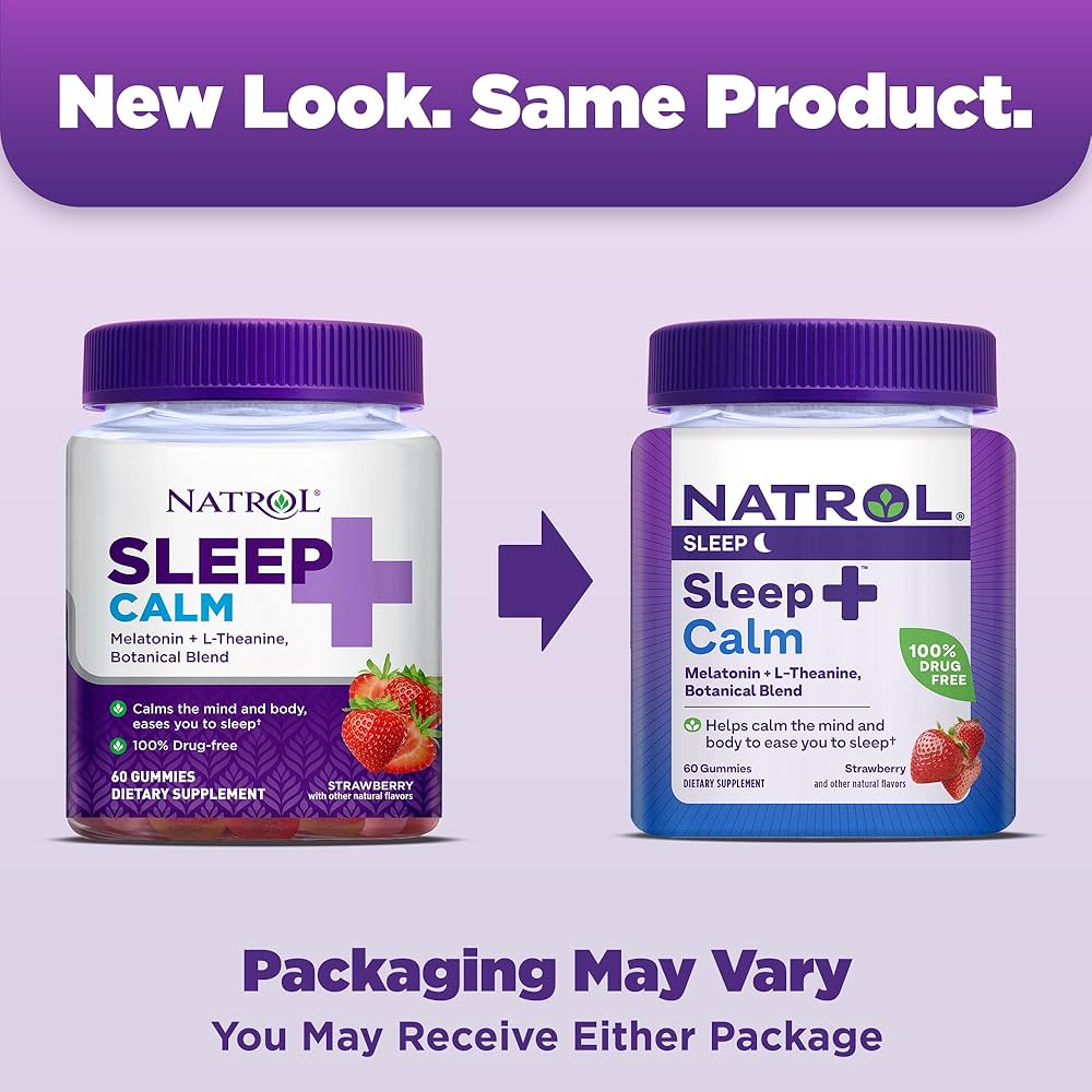 Natrol Sleep+ Calm, Melatonin 6 mg. + L-Theanine, with Botancial Blend 60 Gummies #Strawberry Flavor