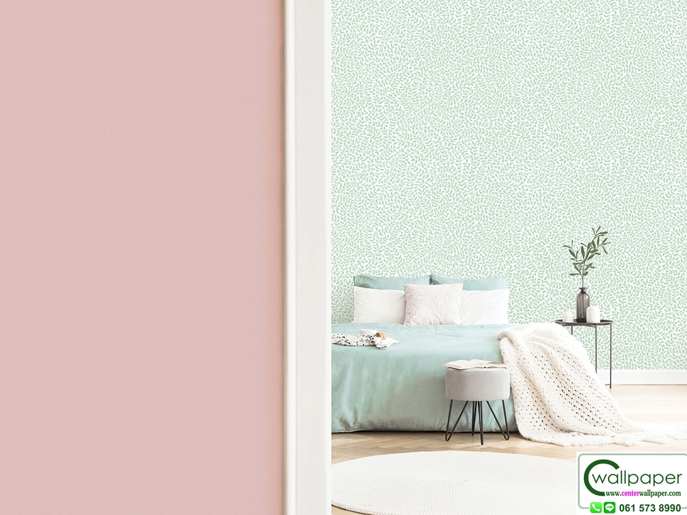 วอลเปเปอร์ ลายใบไม้เล็กๆ สีเขียว สีพื้นขาว No.25077-1