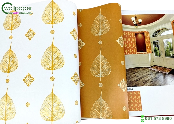 วอลเปเปอร์ลายใบโพธิ์สีทองพื้นขาว