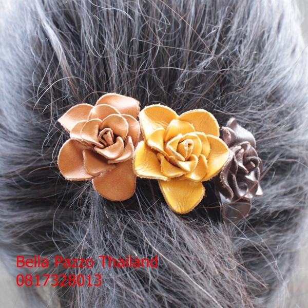 กิ๊บสปริงติดผมกุหลาบ 4cm. 3 ดอก หนังแท้ทำมือ แฮนด์เมด Leather flower, handmade, hair clip, handicraft