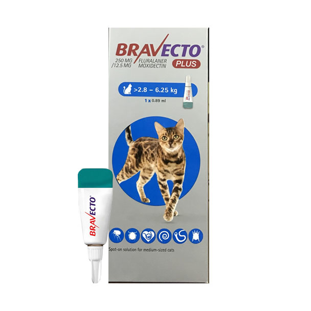 Bravecto Plus Spot-On for Cats for Medium Cats หยดหลังคอแมว(น้ำหนัก2.8 – 6.25 กิโลกรัม)ในกล่องมี 1 หลอด