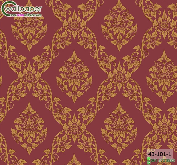 wallpaper ลายไทยห้องพระ ลายพุดตานสีแดงอ่อน