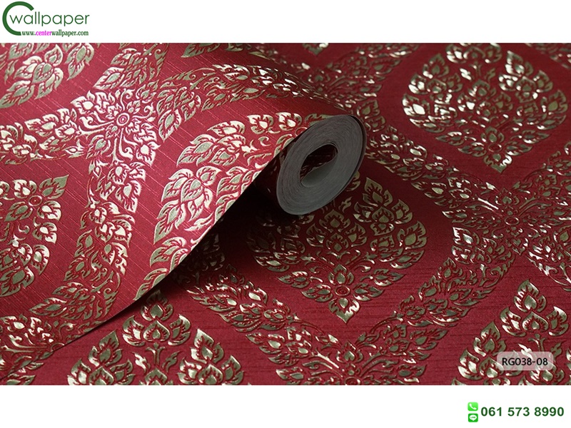 wallpaper ลายไทย ลายพุ่มข้าวบิณฑ์ สีแดง-ทอง