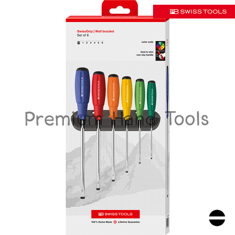 ชุดไขควง PB Swiss Tools *รุ่น Premium PB 8240 RB CBB ด้ามยาง สีรุ้ง ปากแบน พร้อมที่ติดผนัง (6 ตัว/ชุด)