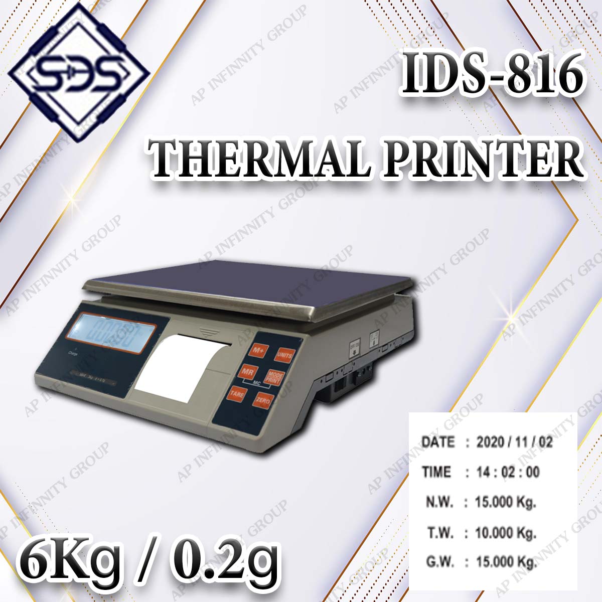เครื่องชั่งดิจิตอลพร้อมปริ้นเตอร์ในตัว เครื่องชั่งดิจิตอล 6Kg ตาชั่งดิจิตอล 6Kg เครื่องชั่งน้ำหนักดิจิตอล 6Kg ตาชั่งน้ำหนักดิจิตอล 6Kg เครื่องชั่งพร้อมเครื่องปริ้นในตัว พิกัด 6Kg อ่านค่าความละเอียด 0.2g ยี่ห้อ SDS รุ่น IDS-816TM