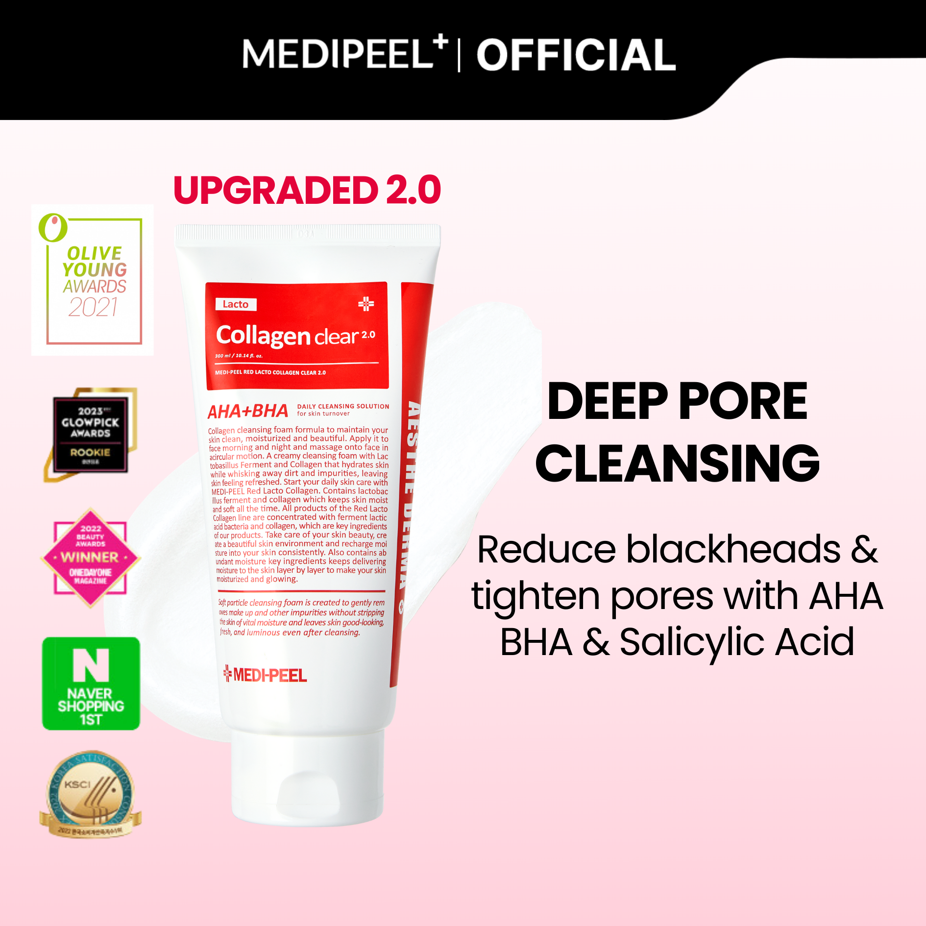 MEDI-PEEL Red Lacto Collagen Clear 2.0 AHA + BHA Cleansing Foam 300 ml.