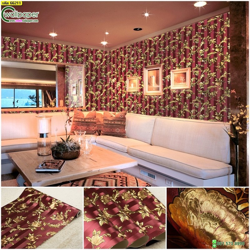 วอลเปเปอร์ติดผนังลายเครือกุหลาบพื้นแดง Wallpaper ติดผนัง