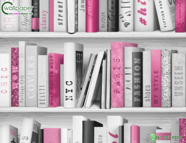 วอลเปเปอร์ติดผนัง ชั้นวางหนังสือสีชมพู