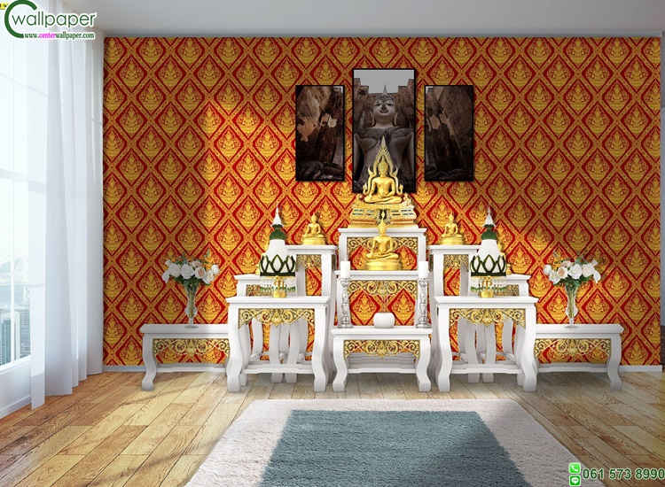 วอลเปเปอร์ลายไทยราคาถูกลายเทพพนมพื้นแดง