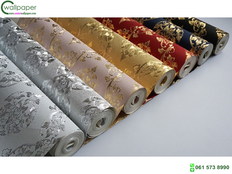 wallpaper ลายไทย ดอกพุดตาล สีเงิน