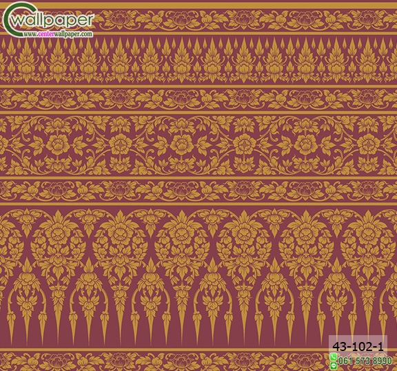 wallpaper ลายไทยห้องพระ ลายกรวยเชิงพุดตานสีแดงอ่อน