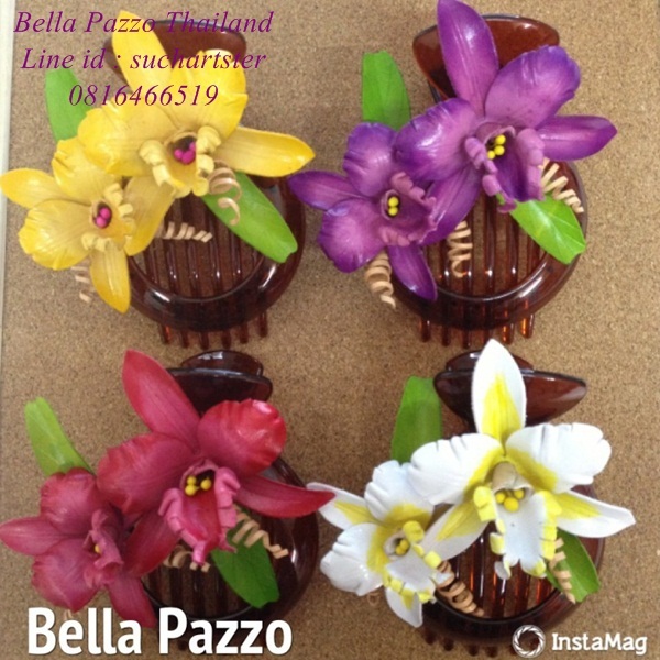 กิ๊บติดผมหลังเต่าดอกกล้วยไม้คู่หนังแท้แฮนด์เมด