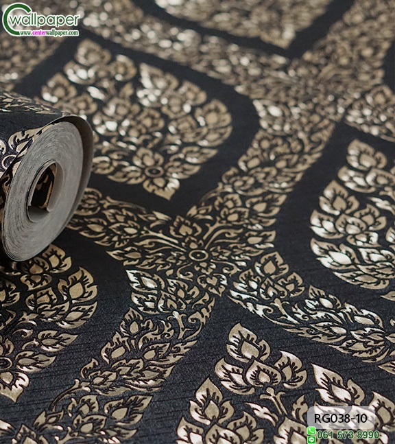 wallpaper ลายไทย ลายพุ่มข้าวบิณฑ์ สีดำ-ทอง