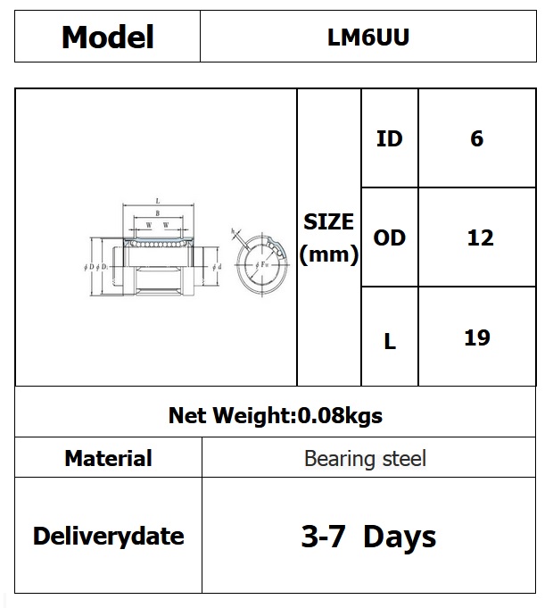 Linear Ball Bearing 6mm LM6UU (6x12x19mm)