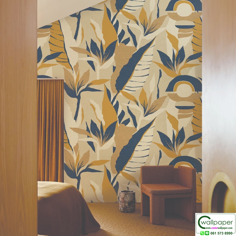 วอลเปเปอร์ลายใบไม้ สีทองน้ำเงิน No.88674-3