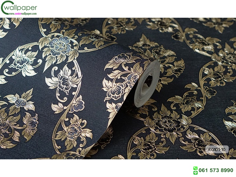 wallpaper ลายไทย ดอกพุดตาล สีดำ-ทอง