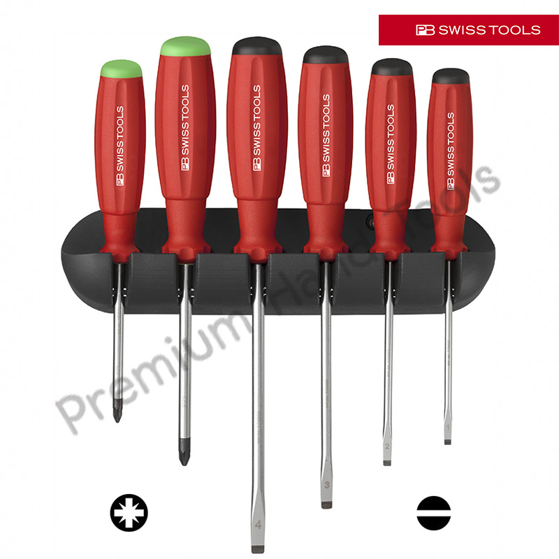 ชุดไขควง PB Swiss Tools รุ่น PB 8245 ด้ามยางกันไฟ ปากแบนและปาก PZ พร้อมที่ติดผนัง (6 ตัว/ชุด)
