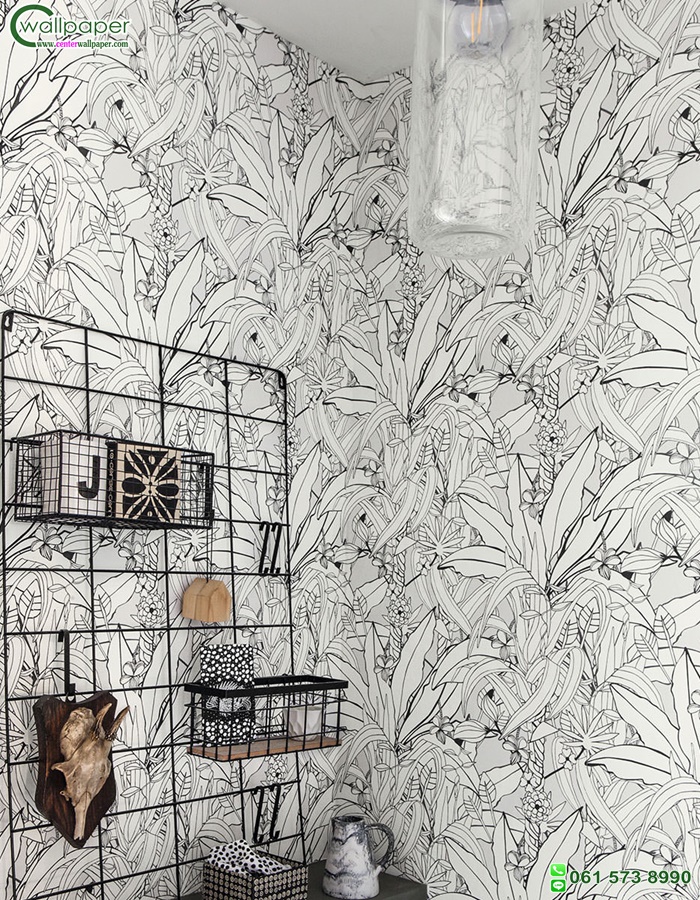 วอลเปเปอร์ติดผนังลายใบไม้ สีขาวเทา Tropical wallpaper