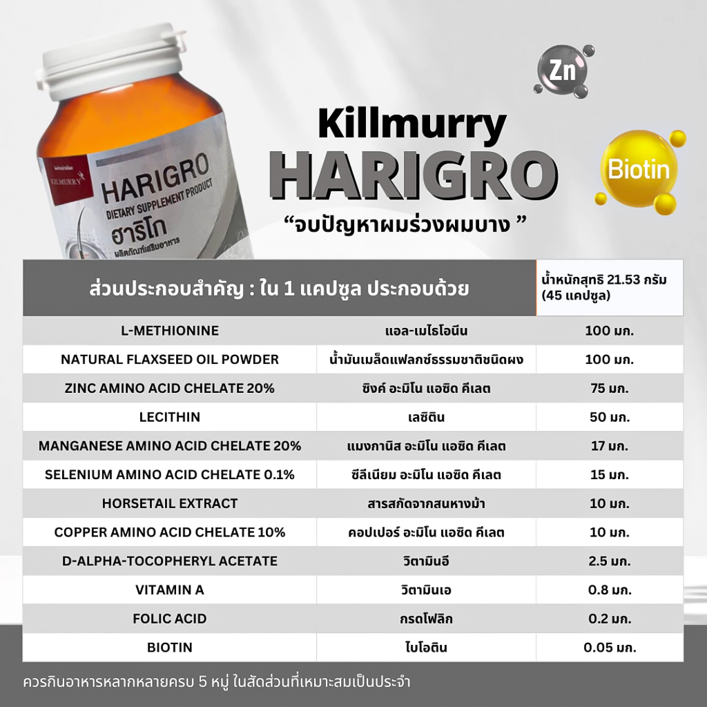 🔥สูตรเข้มข้น🔥ฮาริโก อาหารเสริมบำรุงผม ไบโอติน ลดผมร่วง ผมบาง เสริมรากผมแข็งแรง ขวด 45 แคปซูล