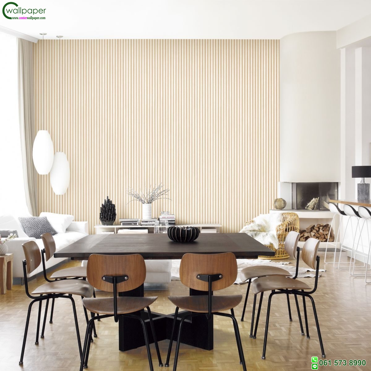 วอลเปเปอร์ลายไม้ระแนง สีน้ำตาลครีมอ่อน