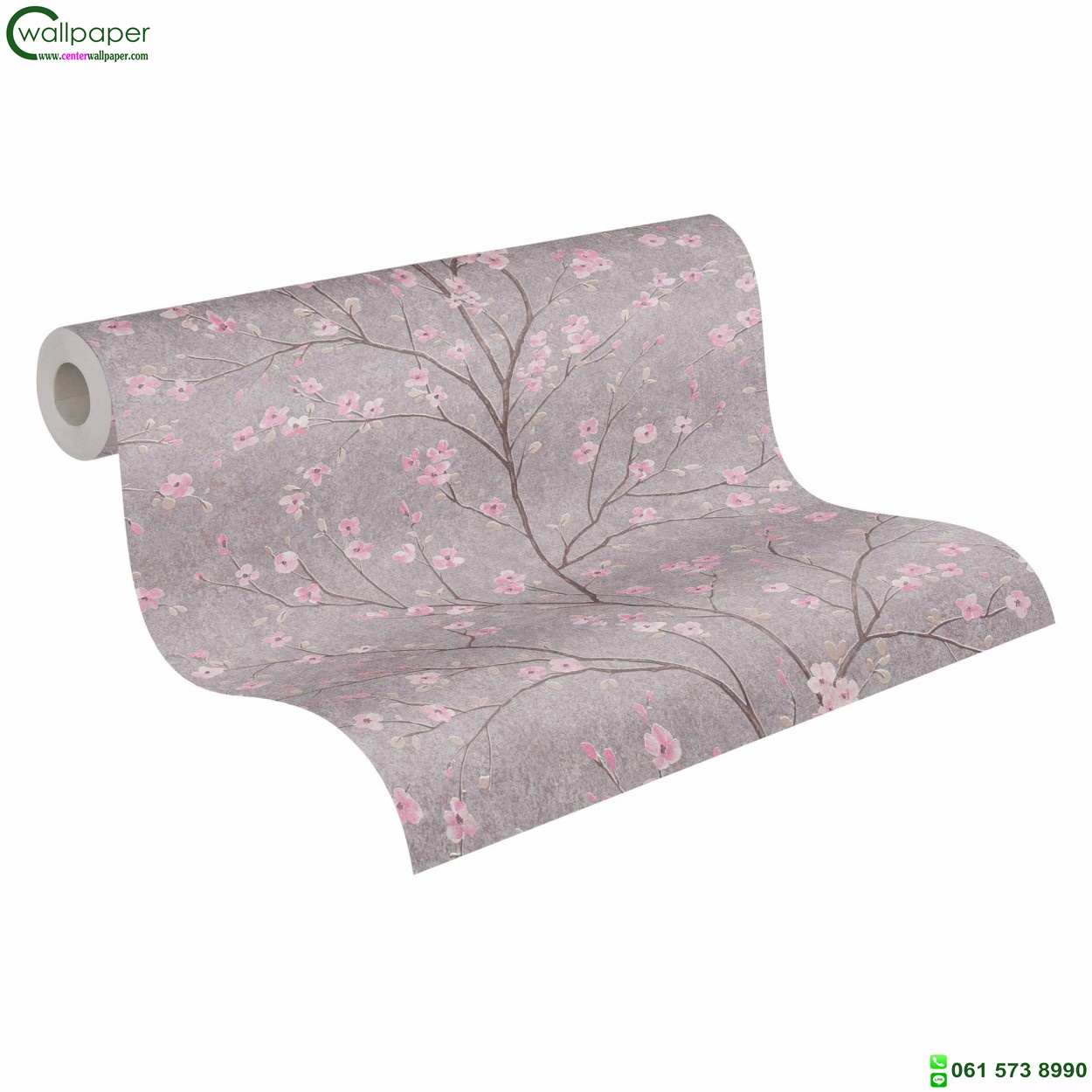 วอลเปเปอร์ลายดอกซากุระสีชมพู พื้นหลังสีเทา