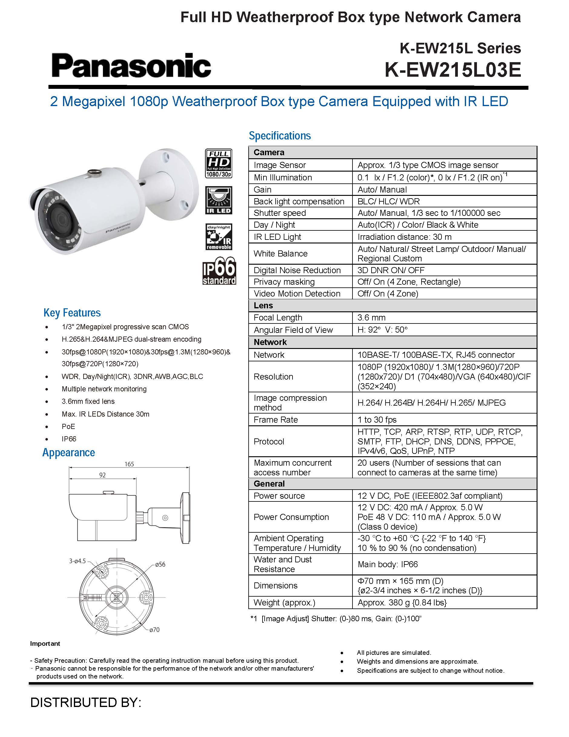 K-EW215L03E H.265 IP Weatherproof , FHD, Lens 3.6 mm, 12VDC/PoE PANASONIC