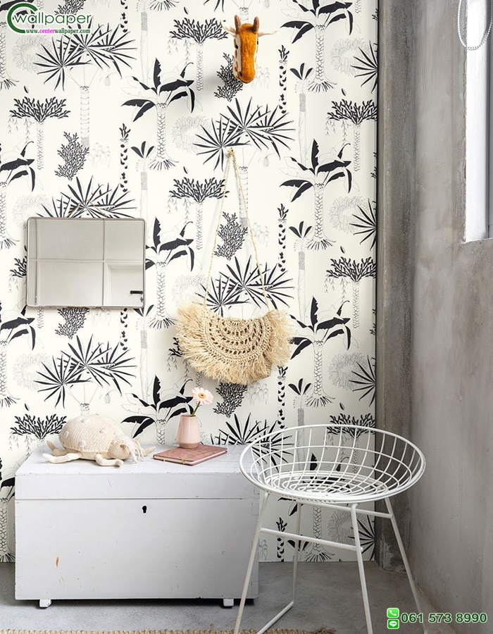 วอลเปเปอร์ติดผนังลายต้นปาล์ม สีขาวดำ Tropical wallpaper