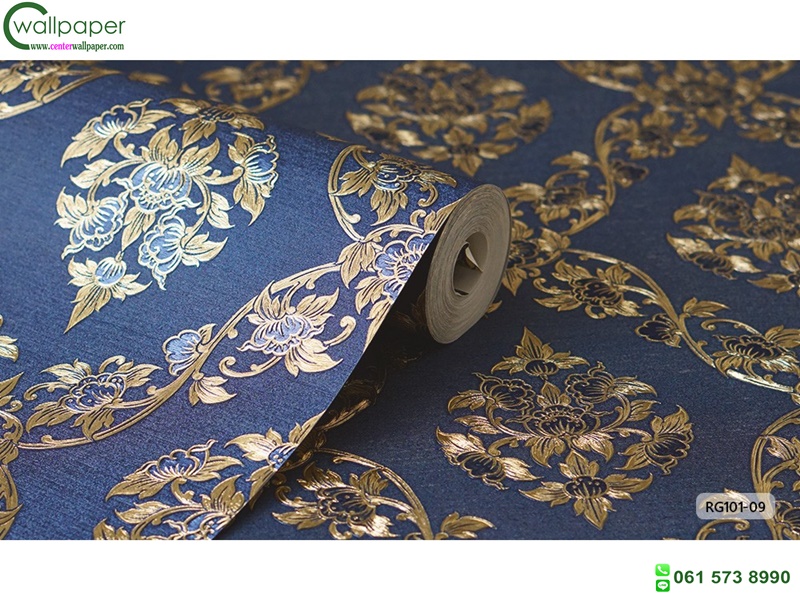 wallpaper ลายไทย ดอกพุดตาล สีน้ำเงิน-ทอง