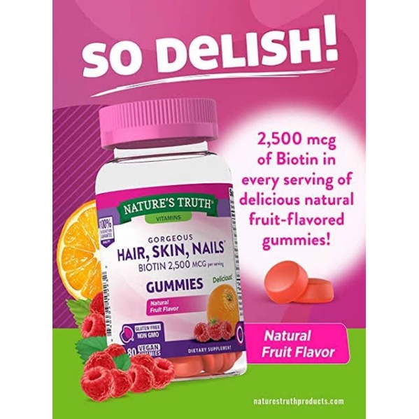 Nature's Truth Gorgeous Hair, Skin & Nails Gummies with Biotin 2500 mcg. 80 Gummies #Natural Fruit Flavor