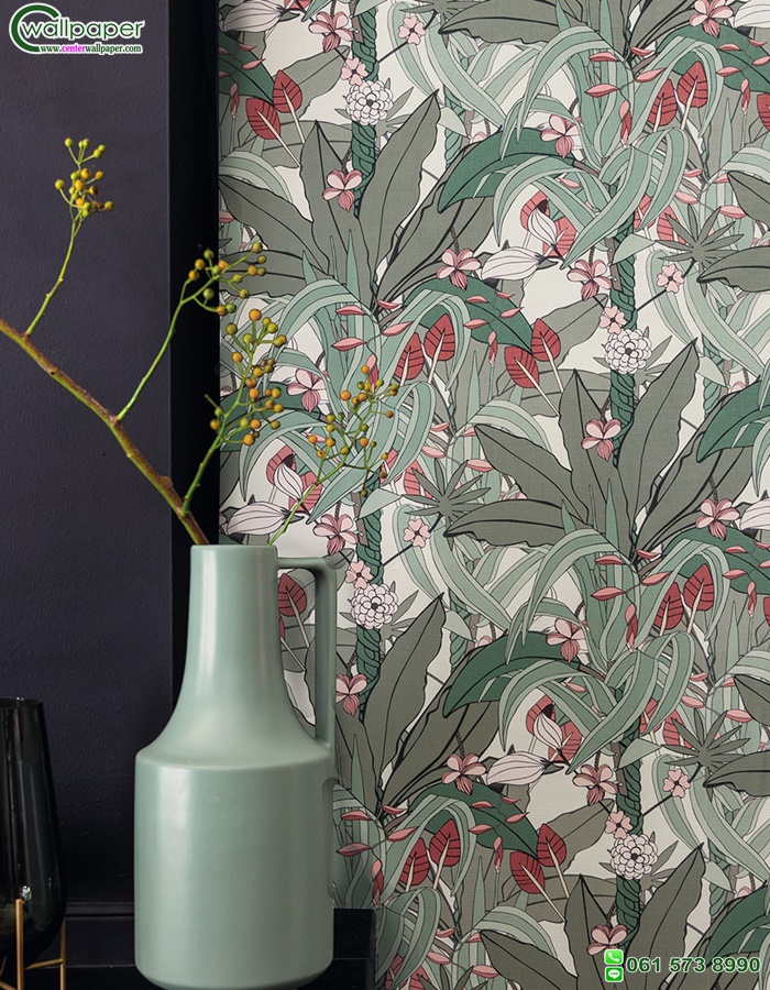 วอลเปเปอร์ติดผนังลายใบไม้ สีเขียว ชมพูTropical wallpaper