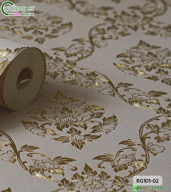 wallpaper ลายไทย ดอกพุดตาล สีครีม-ทอง
