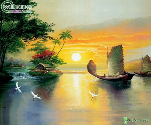 ภาพวิววาด ทะเลทอแสง พระอาทิตย์พลบค่ำ