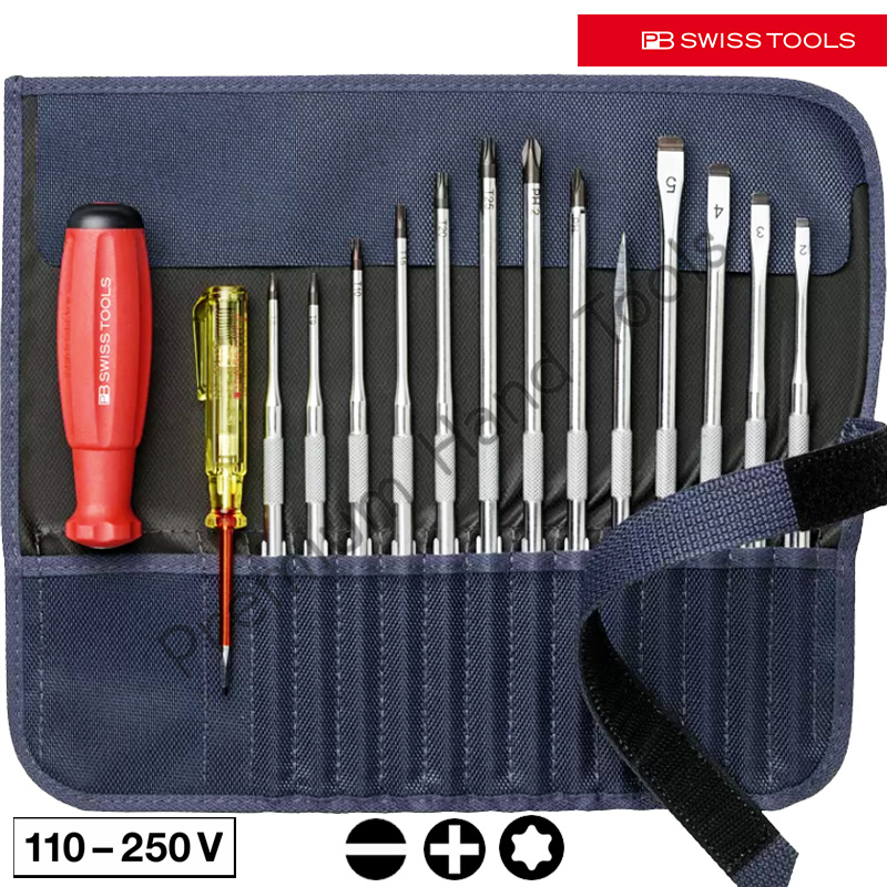 ไขควงชุด PB Swiss Tools *NEW ITEM PB 8222 GY มาพร้อมไขควงลองไฟ + ซองผ้า Premium สี GREY (15 ตัว/ชุด)