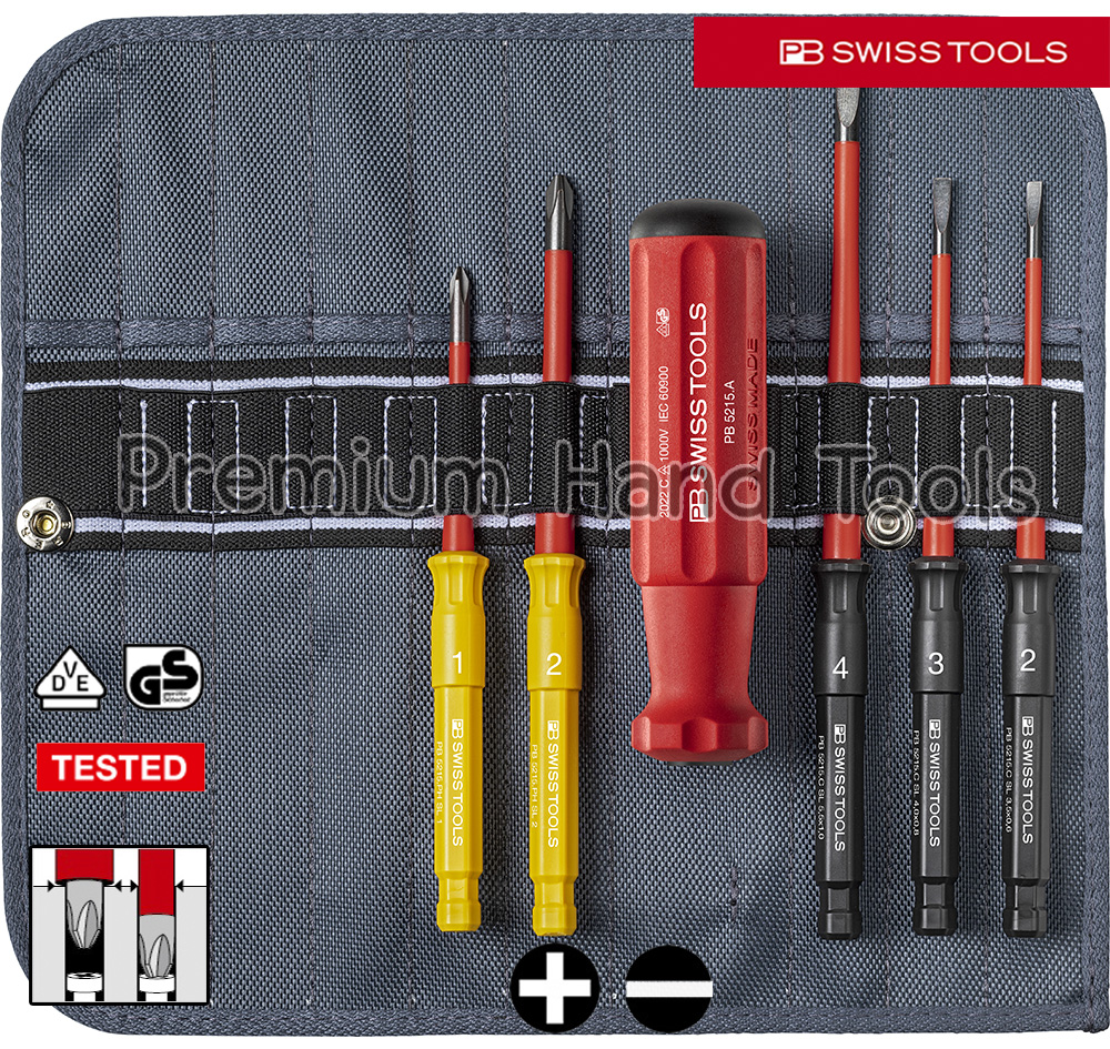 PB Swiss Tools ไขควงชุดกันไฟ เปลี่ยนแกนได้ *New Innovation รุ่น PB 5216SU ปากแบนและแฉก รวม 6 ตัว พร้อมซองผ้า Premium Grade ม้วนเก็บได้
