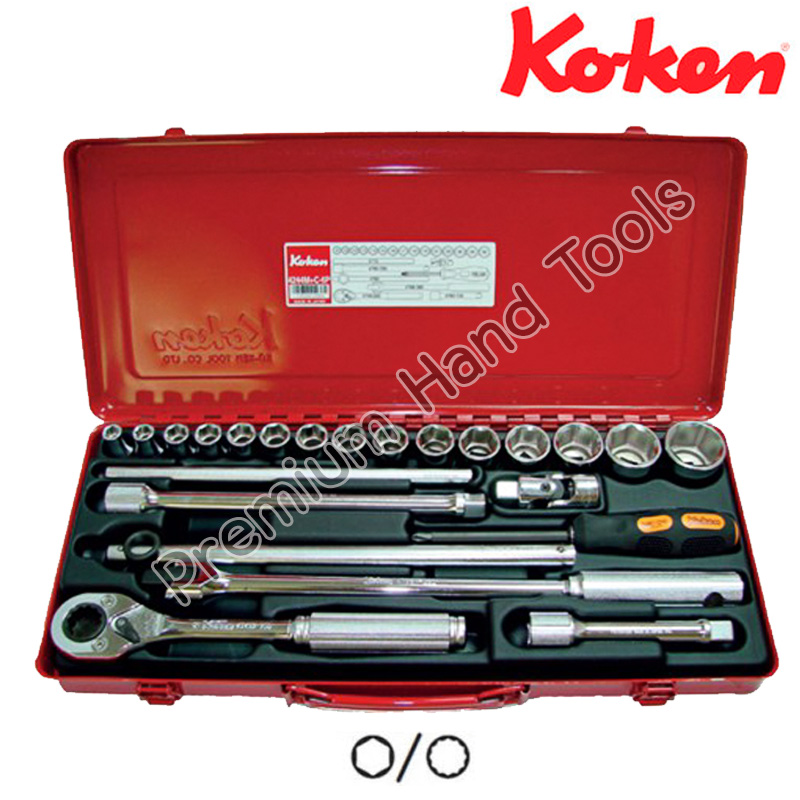 Koken บ๊อกชุด 1/2" รุ่น 4244HM+C (6 เหลี่ยม) และ 4244M+C (12 เหลี่ยม) เครื่องมือครบชุด รวม 23 ชิ้นในกล่องเหล็ก