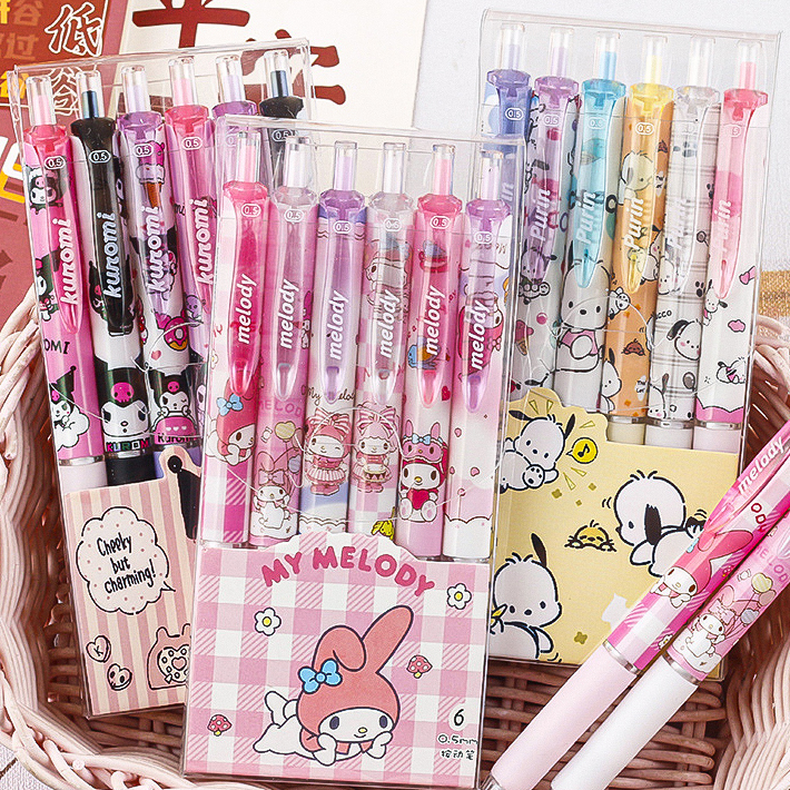 💛💜ปากกาเจลดำ ซานริโอ้การ์ตูน🌈ยกล่อง 6 แท่ง⚫ไส้ดำ 0.5📌เลือกลาย✔️พร้อมส่งในไทย การ์ตูนดัง เครื่องเขียน