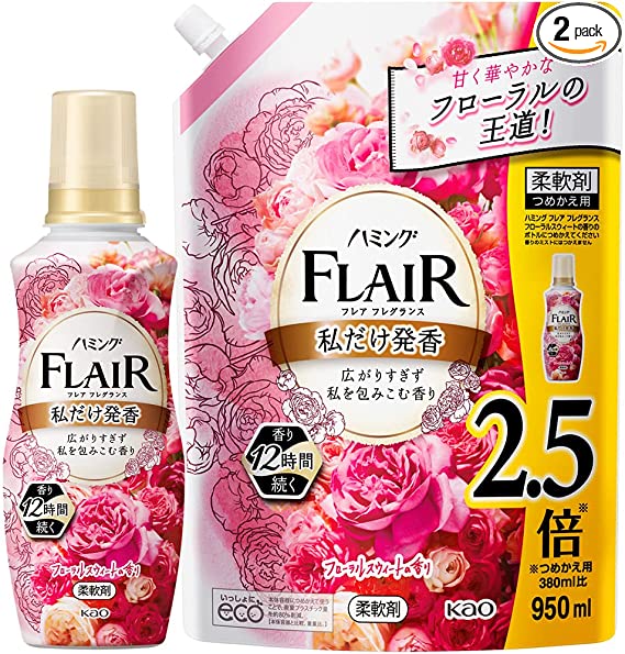 Kao Flair Fragrance Softener 2.5 950 ml. #Floral Sweet กลิ่นกุหลาบ พีช ราสเบอร์รี่ แทรกด้วยความอบอุ่นของวานิลลา (Refill)