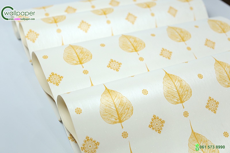 วอลเปเปอร์ลายใบโพธิ์สีทองพื้นขาว