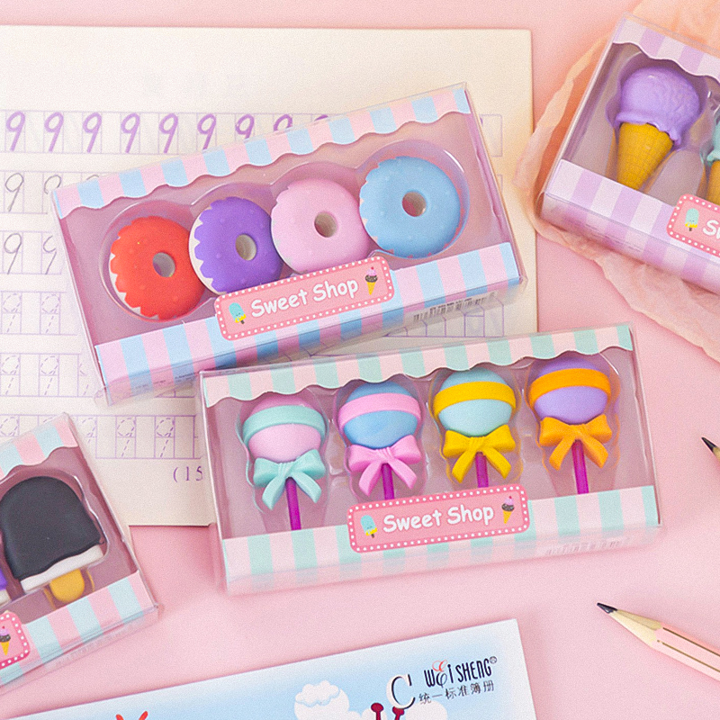 🎀 ยางลบ CANDY SET 🍭 1 กล่อง 4 ชิ้น🍩🍦ลายขนมหวานน่ารัก สีพาสเทลสดใส ของขวัญสุดคิ้วท์