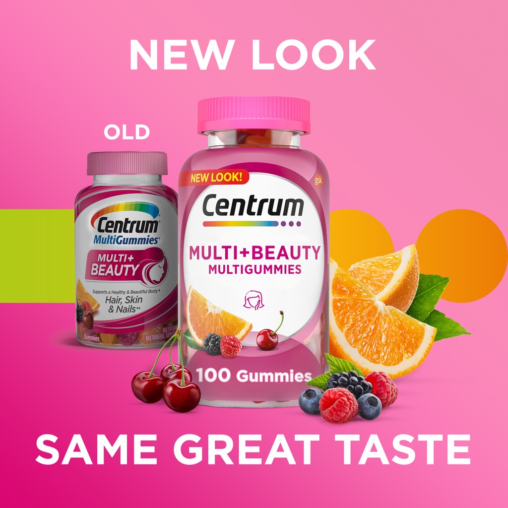 Centrum MULTI + BEAUTY Multi Gummies Supports a Healthy & Beautiful Body + Hair, Skin & Nails 100 Gummies