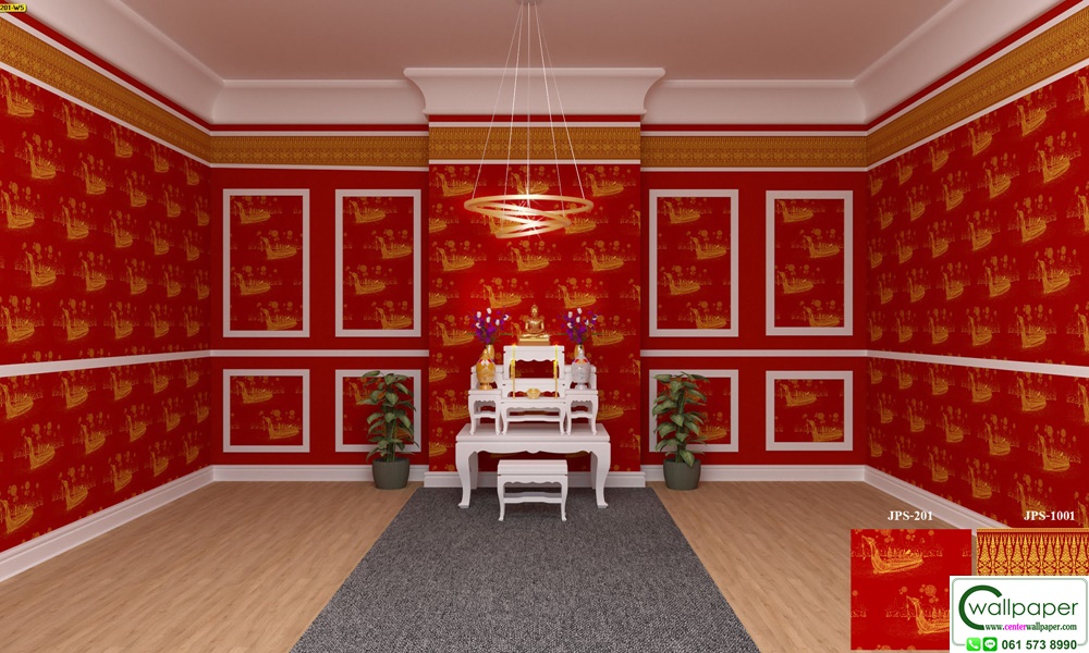 วอลเปเปอร์ลายไทยราคาถูกลายเรือสุพรรณหงส์พื้นแดง