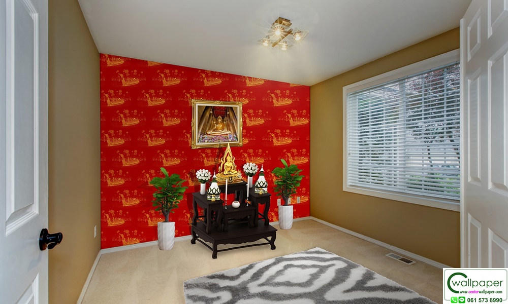 วอลเปเปอร์ลายไทยราคาถูกลายเรือสุพรรณหงส์พื้นแดง