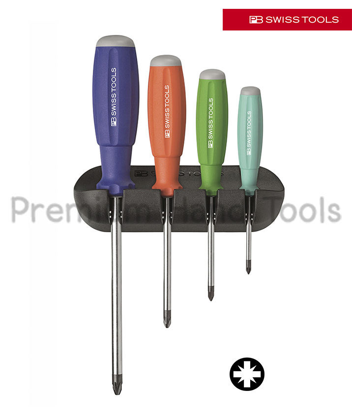 ชุดไขควง PB Swiss Tools รุ่น PB 8243 RB ปาก PZ ด้ามยาง พร้อมที่แขวนผนัง (4 ตัว/ชุด)