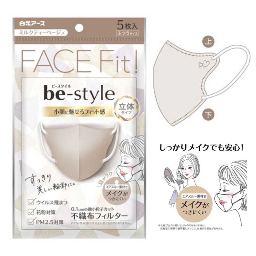 Hakugen Earth Be-Style Face Fit 3D Mask 5 ชิ้น ขนาด 138 mm x 105 mm (ซองน้ำตาล หน้ากากสีน้ำตาล)