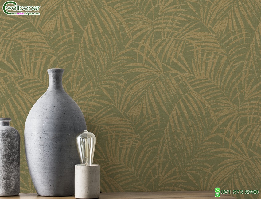 วอลเปเปอร์ติดผนังลายใบไม้สีเหลืองทอง พื้นหลังสีเขียว