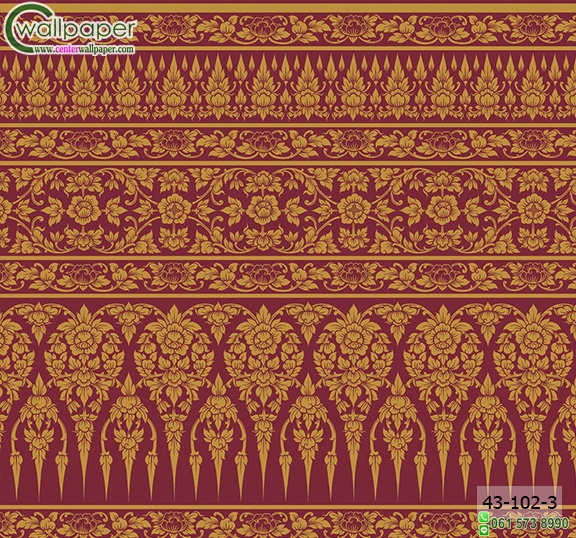 wallpaper ลายไทยห้องพระ ลายกรวยเชิงพุดตานสีแดง