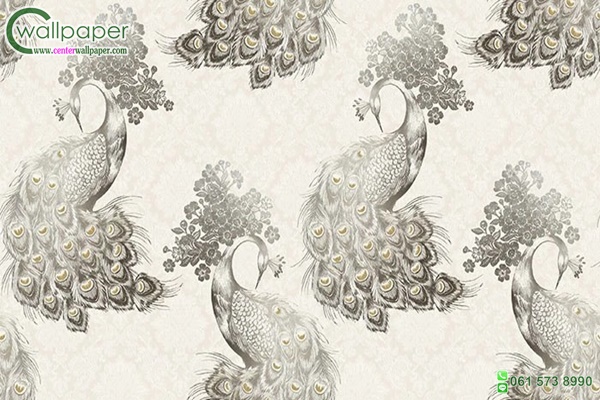 วอลเปเปอร์ลายนกยูง สีขาว เทา