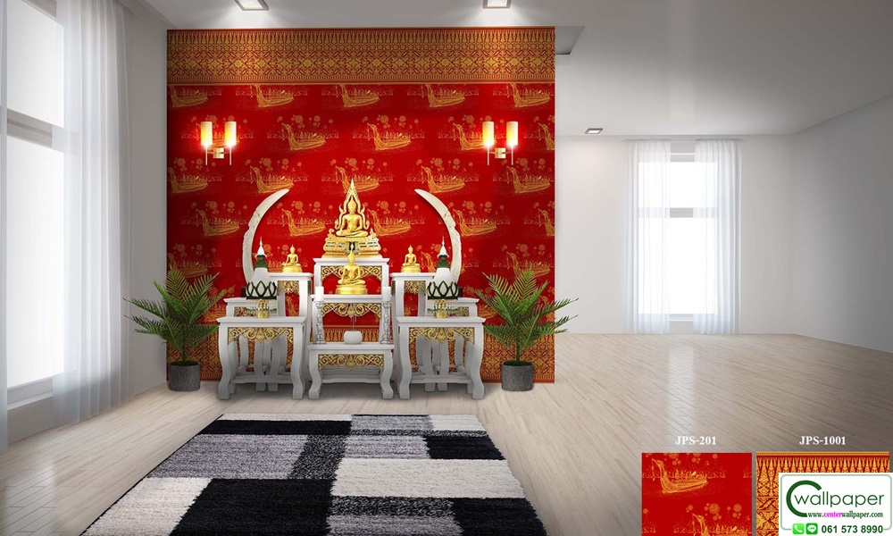 วอลเปเปอร์ลายไทยราคาถูกลายเรือสุพรรณหงส์พื้นแดง